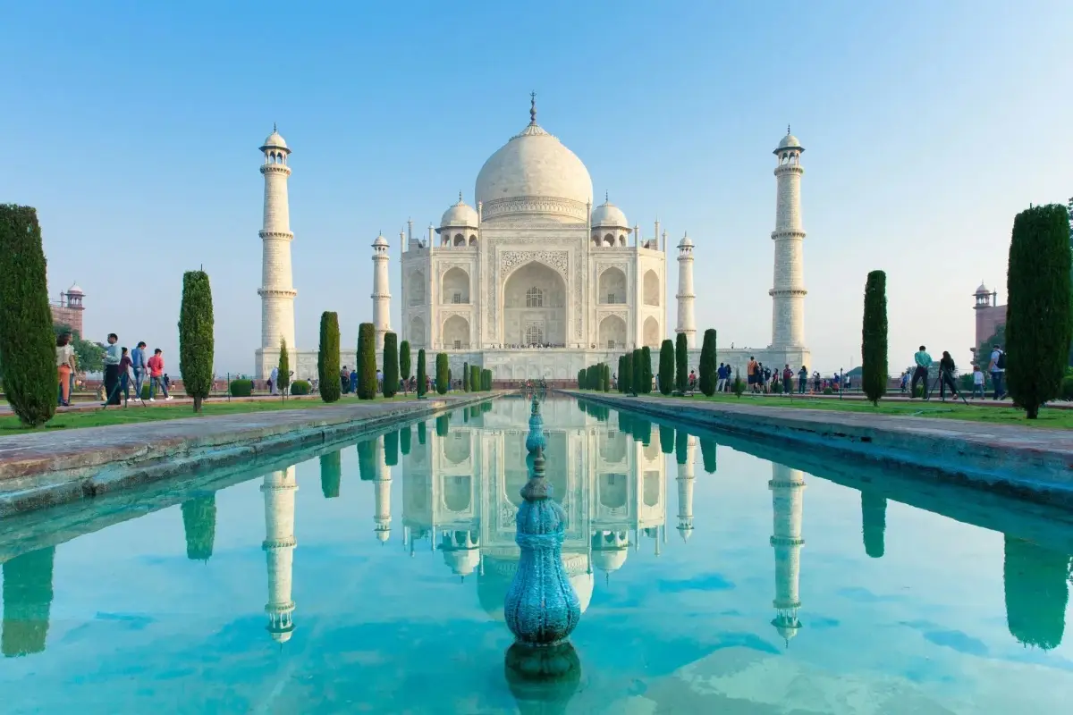 The Taj Mahal is a white marble mausoleum located in Agra, India.