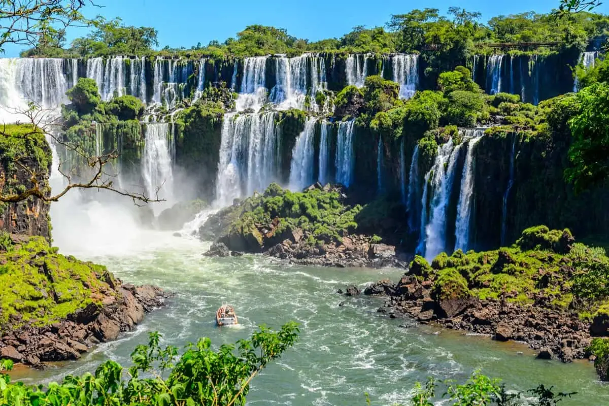 Iguazu Falls is a massive waterfall system on the border between Argentina and Brazil.