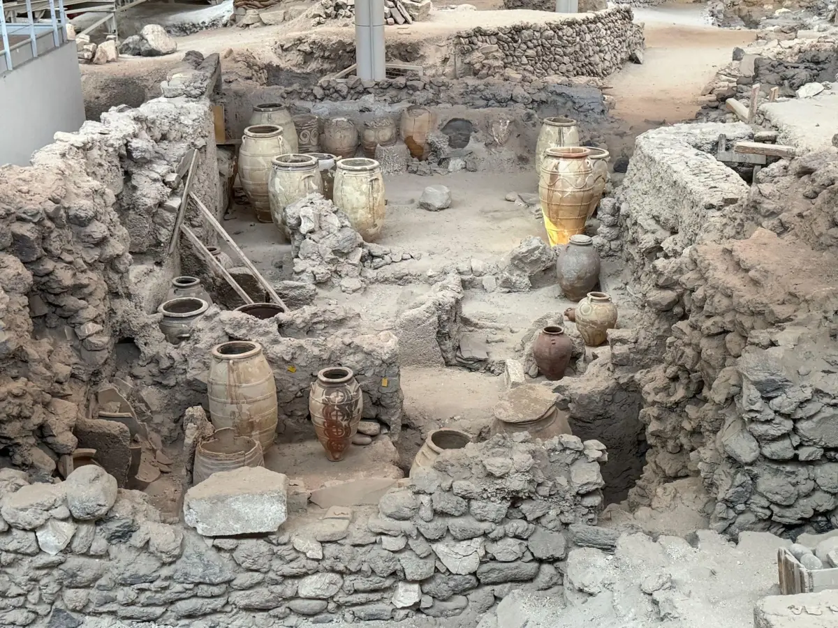 Preserved archaeological excavation site of Akrotiri prehistoric town in Santorini Greece.