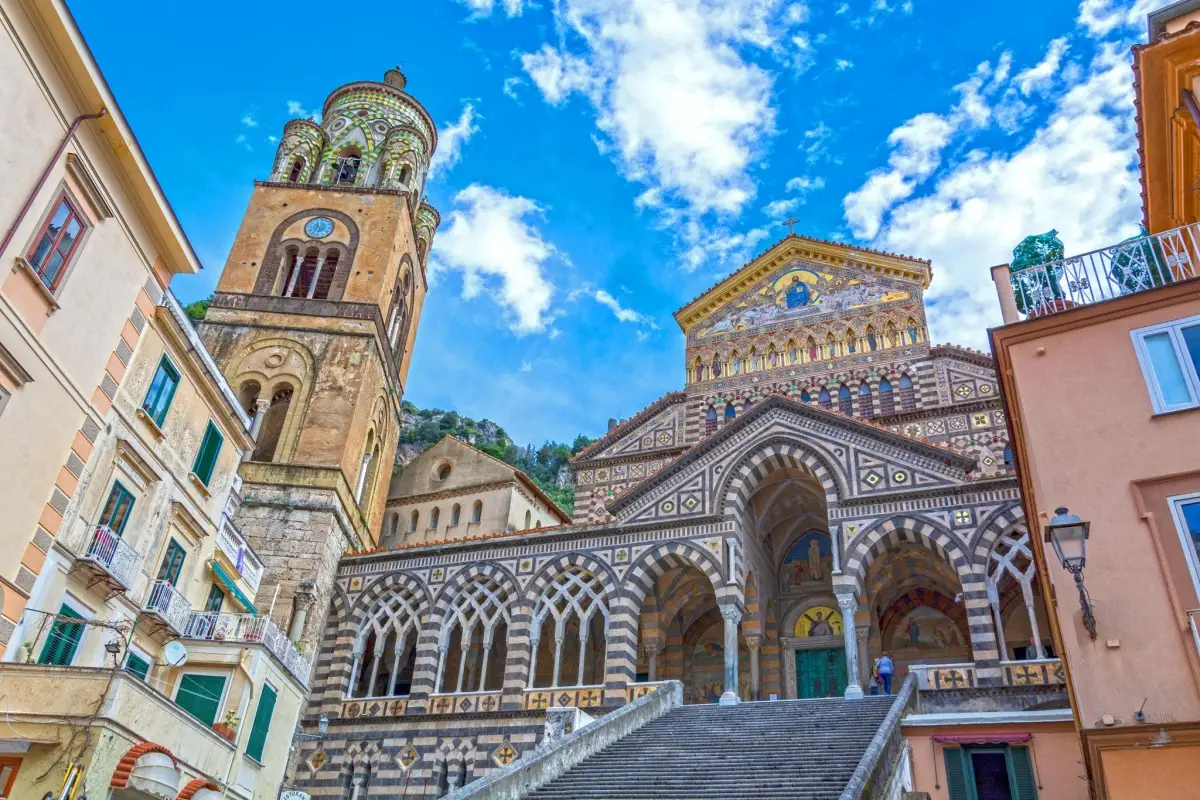 The Amalfi Cathedral in Italy, known for its distinctive 9th-century bell tower, located in the Piazza del Duomo in Amalfi.