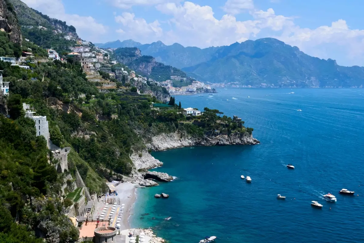 Cliffside Towns above sea, Amalfi Coast, Campania, Italy.
