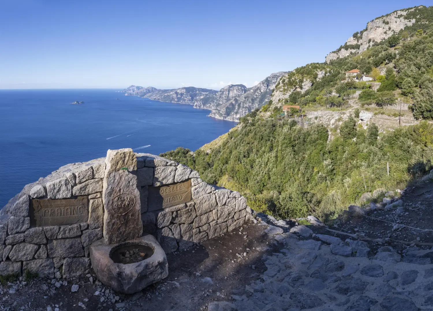 A public water fountain, located along the Path of the Gods hiking trail at Colle Serra, a key intersection on the trail between the villages of Praiano and Nocelle on the Amalfi Coast in Italy.