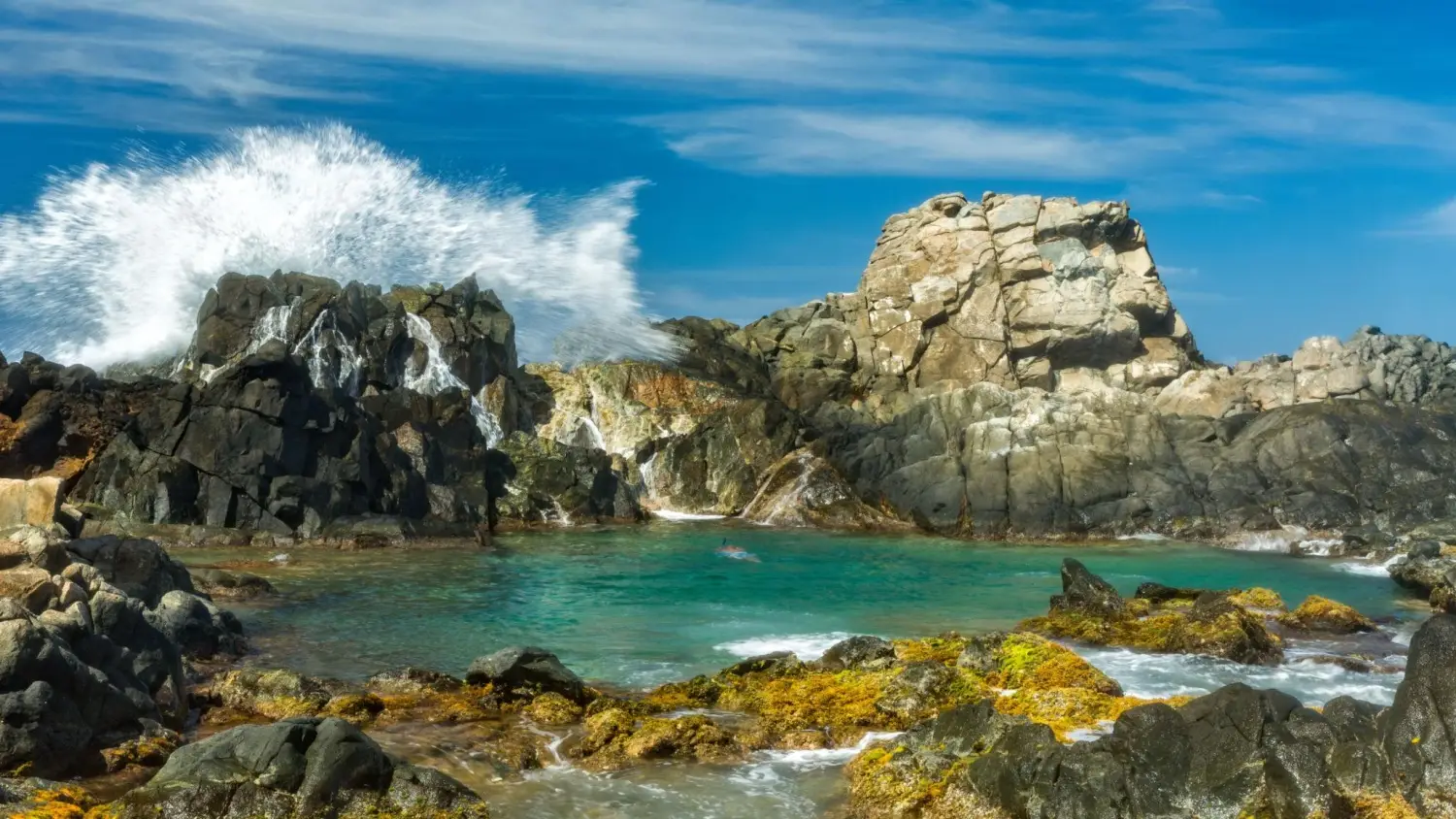 Conchi Natural Pool in Aruba, a secluded swimming spot shielded from ocean waves by rugged volcanic rock formations.