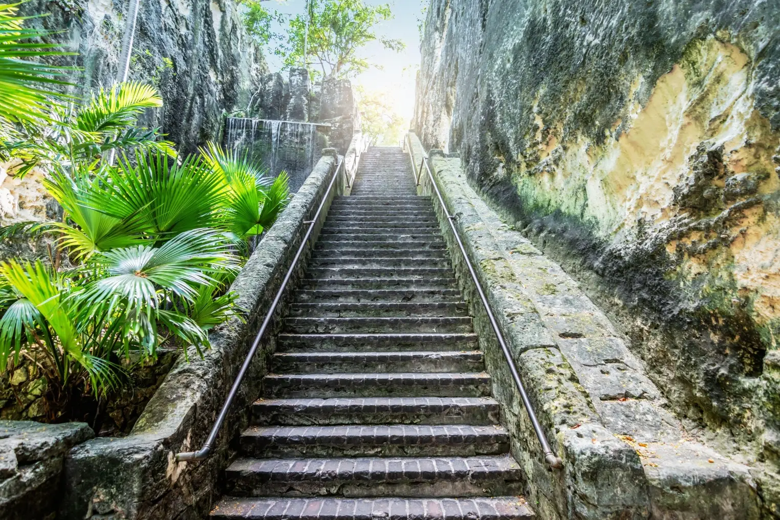 Queen's Staircase historic limestone steps surrounded by tropical plants in Nassau, Bahamas.