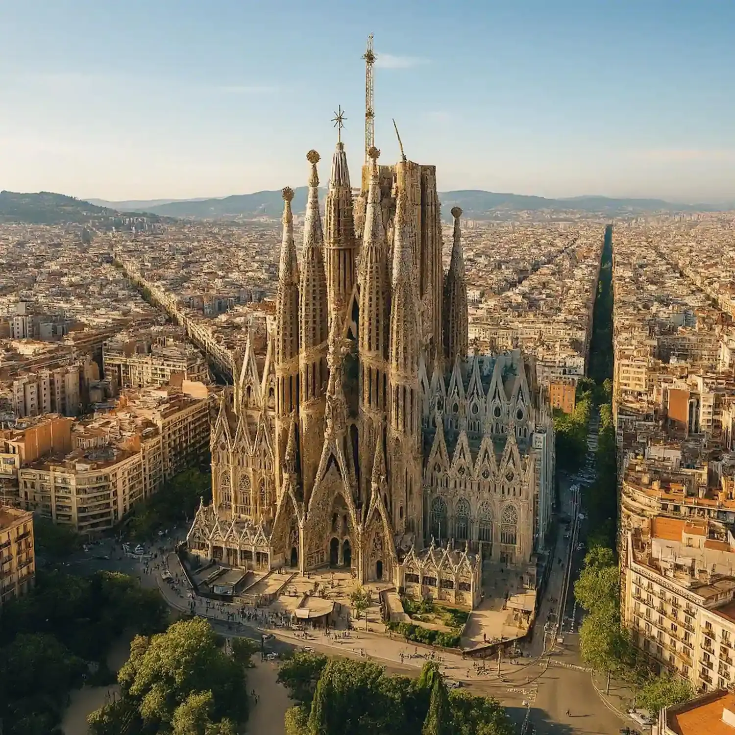 Aerial view of the Sagrada Familia Basilica, a historic landmark in Barcelona, Spain designed by Antoni Gaudi.