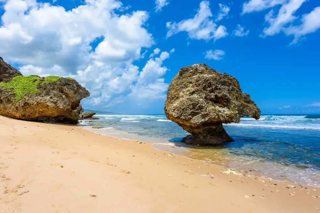 Mushroom rock on the shore of Bathsheba Beach, home to the famous Soup Bowl surf spot in Barbados.