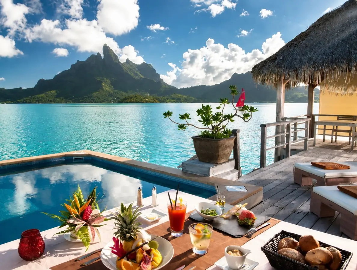 Morning breakfast at The St. Regis Bora Bora Resort in French Polynesia.