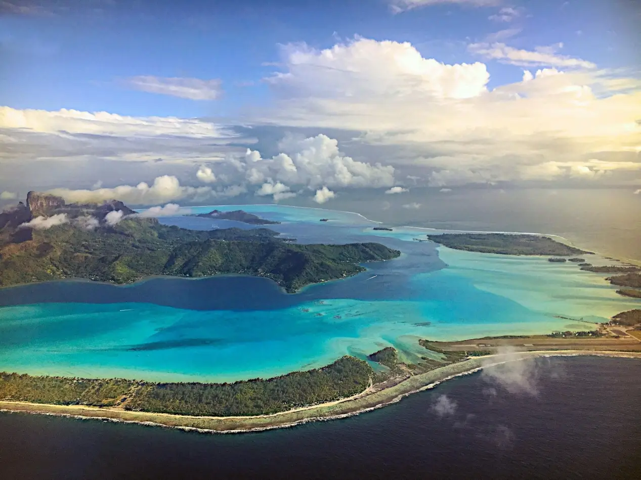 Breathtaking aerial view of Mount Otemanu and Bora Bora.