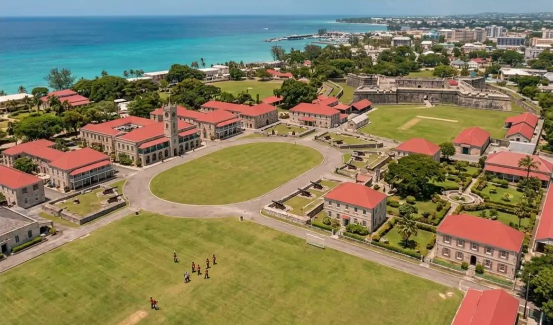 An aerial view of the Historic Garrison in Bridgetown, Barbados, one of the island's most important historic landmarks.
