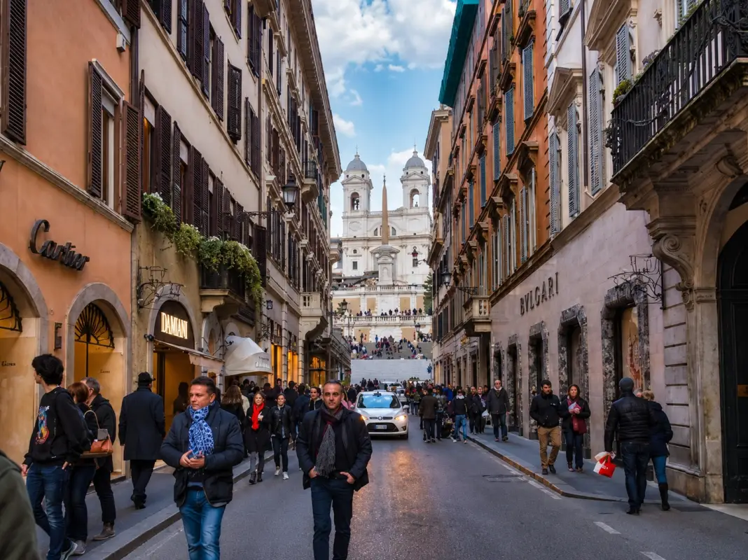 Via dei Condotti in Rome is a famous street packed with high-end designer boutiques leading directly to the Spanish Steps.