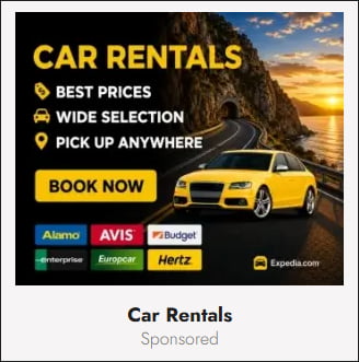 Ad: Expedia car rentals. A yellow sedan drives on a winding coastal road at sunset, next to text highlighting Best Prices, Wide Selection, and Pick Up Anywhere.