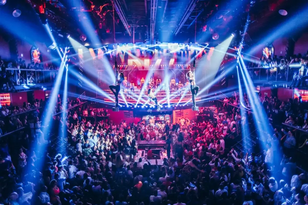 Vibrant nightlife scene at Coco Bongo Punta Cana featuring acrobats, light shows, and party crowds in the Dominican Republic.