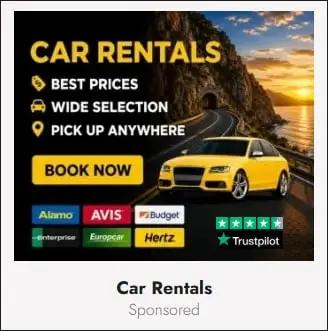 Ad: Discover car rentals. A yellow sedan drives on a winding coastal road at sunset, next to text highlighting Best Prices, Wide Selection, and Pick Up Anywhere.