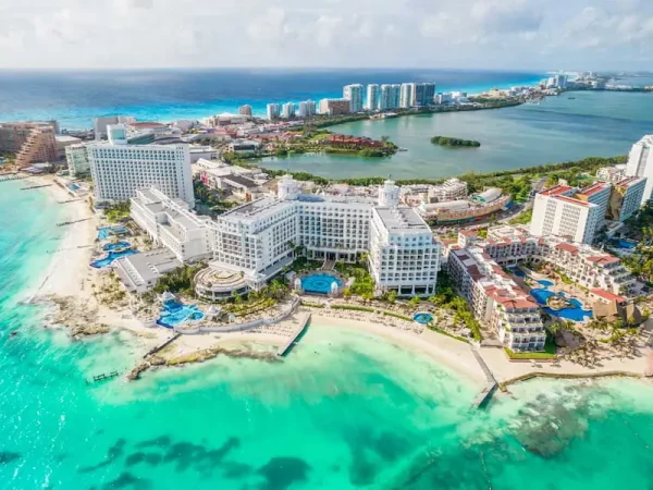 Aerial view of the Hyatt Ziva Cancun resort and turquoise ocean water in the Cancun Hotel Zone.