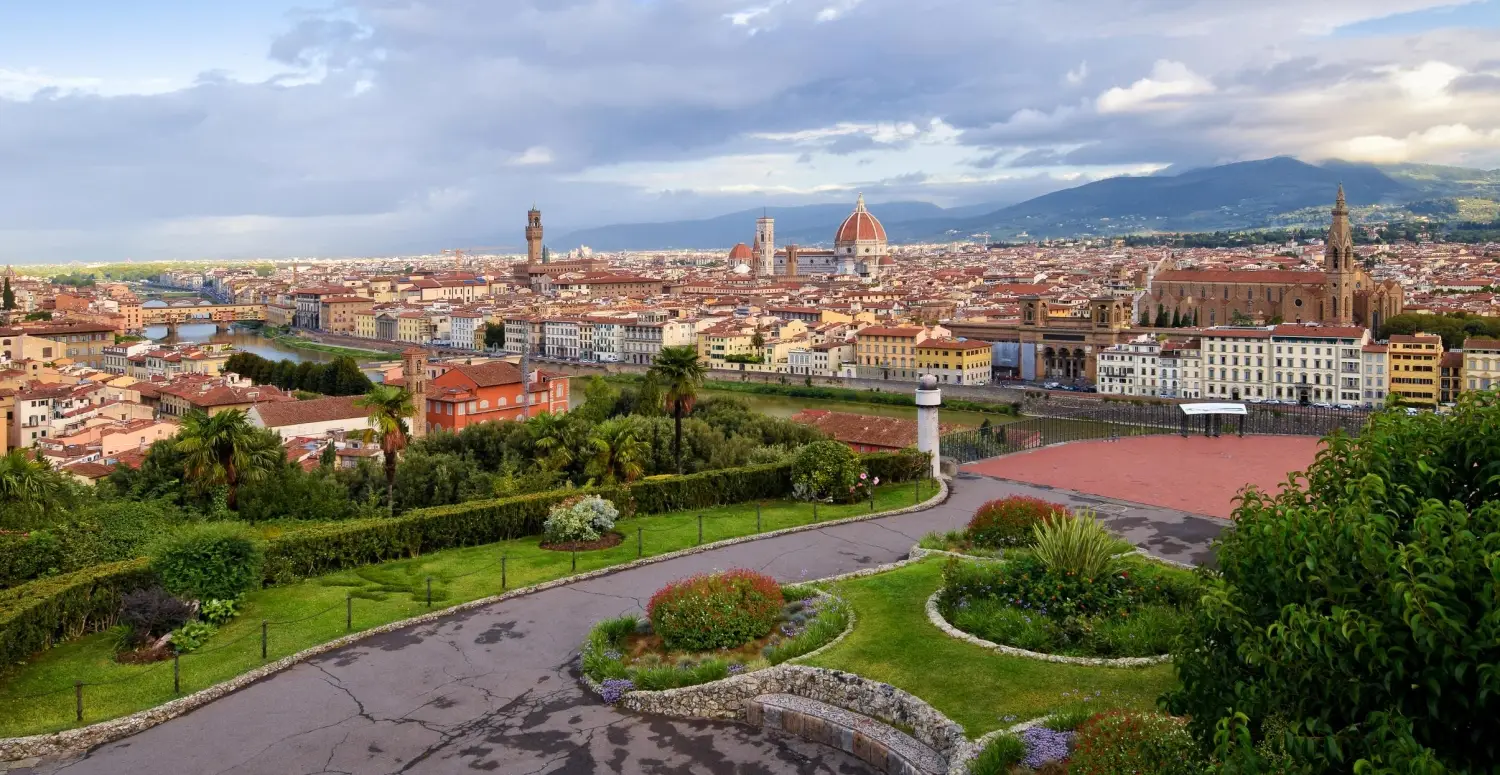 Florence historic center skyline from Piazzale Michelangelo featuring the Duomo, Ponte Vecchio, and Santa Croce.