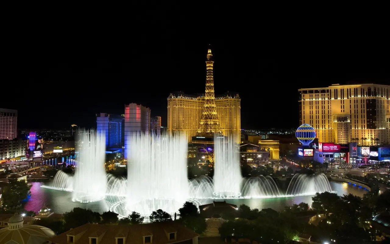 The Fountains of Bellagio at night, a famous attraction located on the Las Vegas Strip in Nevada.