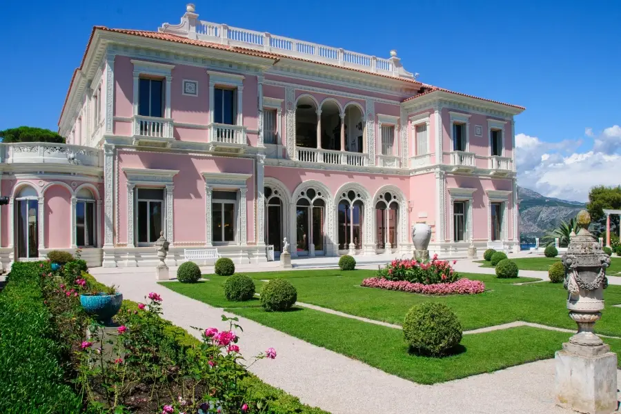 Pink Villa Ephrussi de Rothschild mansion and manicured gardens on the French Riviera,