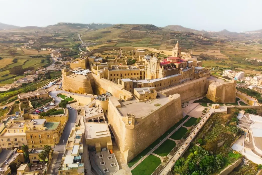 Aerial view of the Cittadella, a historic fortified city in Victoria, Gozo, Malta.