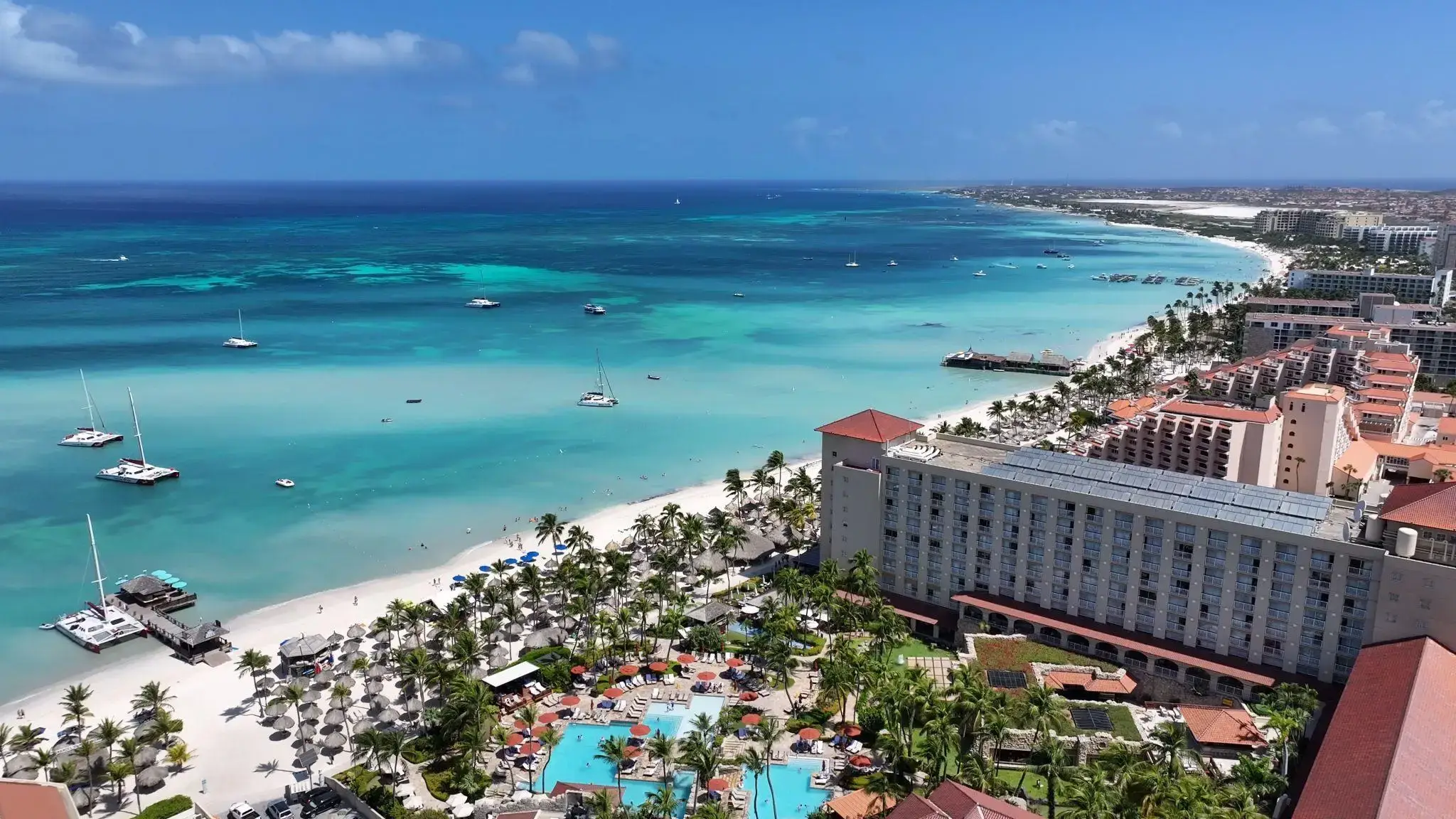 Palm Beach in Oranjestad, Aruba is known for its numerous high rise hotels, restaurants and attractions.