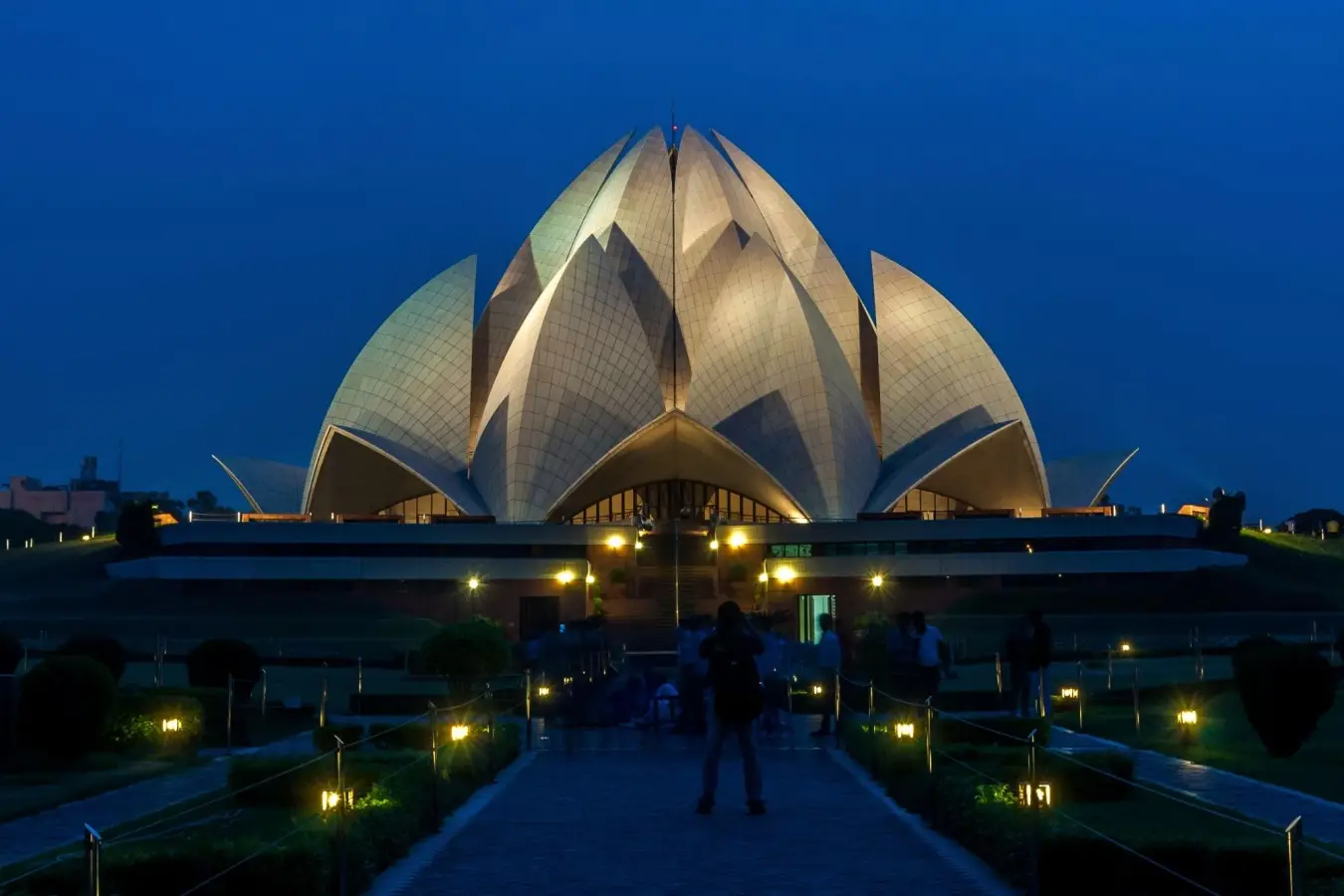 The Lotus Temple in New Delhi, India, a Baháʼí House of Worship known for its unique architecture shaped like a lotus flower.