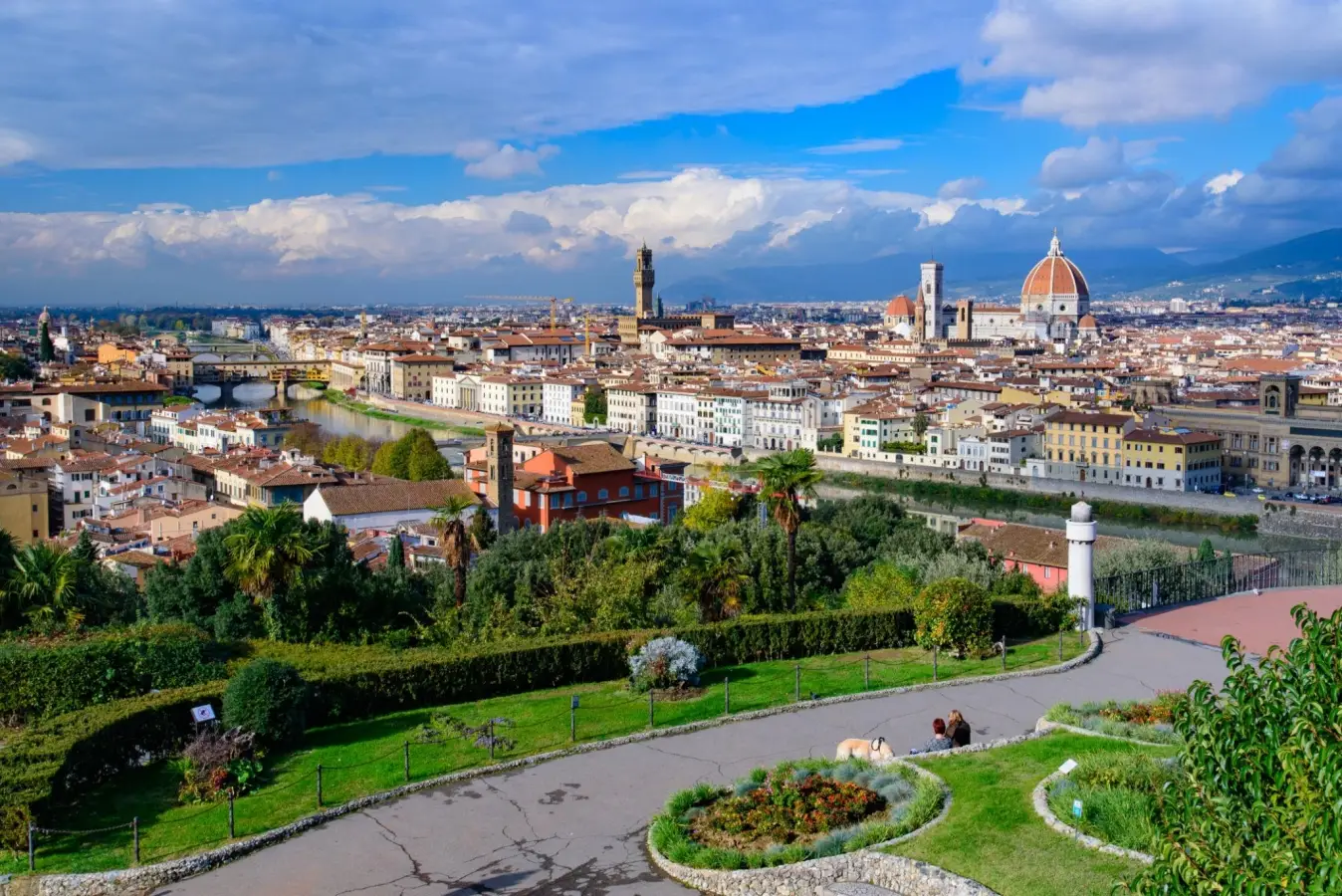 Panoramic view of the Florence skyline from Piazzale Michelangelo showing Brunelleschi's Dome and Palazzo Vecchio.