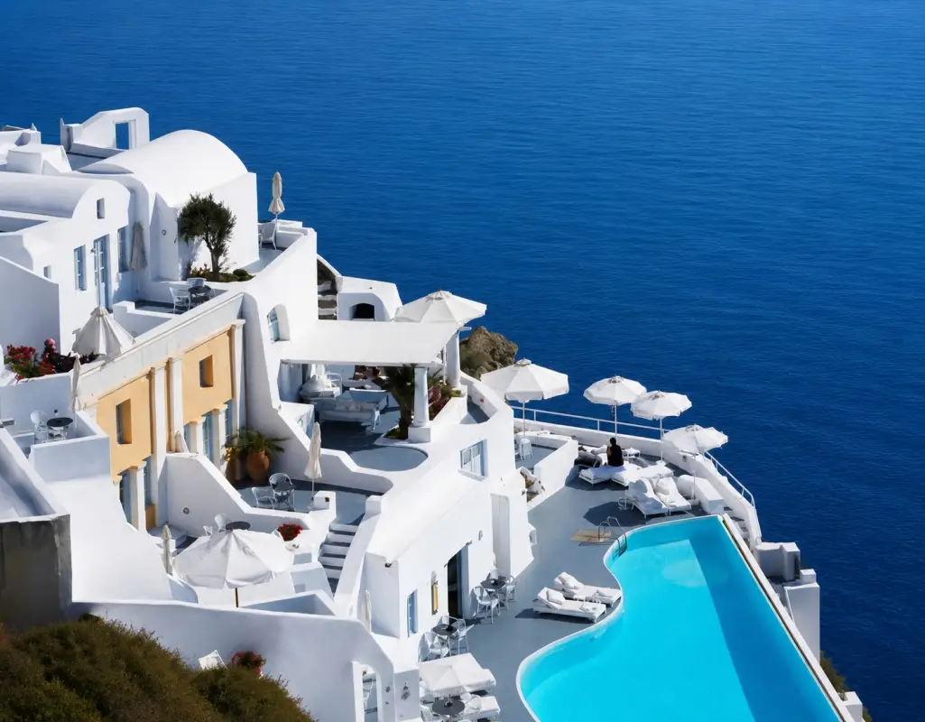 The Katikies Hotel is located on a cliffside 300 feet above the caldera basin in Oia, Santorini, Greece.