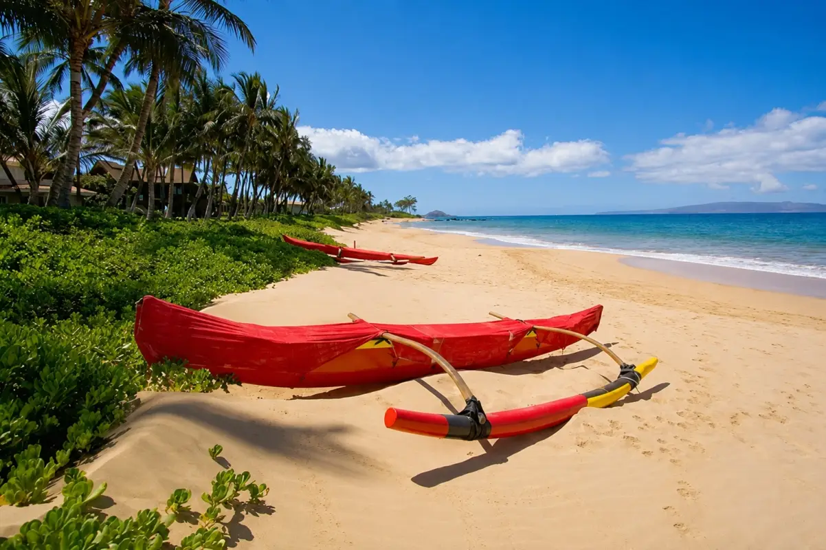 A red canoe on Keawakapu Beach, located on the sunny southwest coast of Maui.
