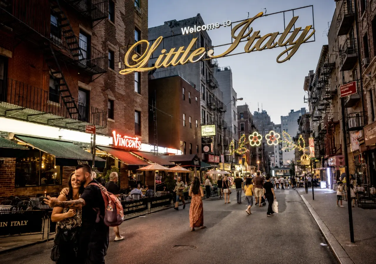 The iconic illuminated Welcome to Little Italy sign spanning Mulberry Street in Lower Manhattan, New York City.