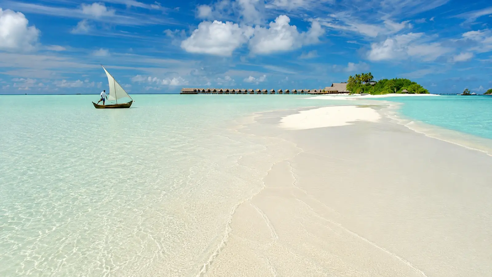 A travel photo showcasing the sandbar and lagoon at COMO Cocoa Island, a luxury private island resort situated in the South Male Atoll of the Maldives.