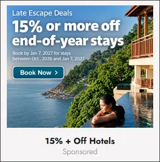 A promotional ad for Booking.com offering 15% or more off on end-of-year stays featuring a photo of an infinity pool overlooking the coast of Phuket, Thailand.