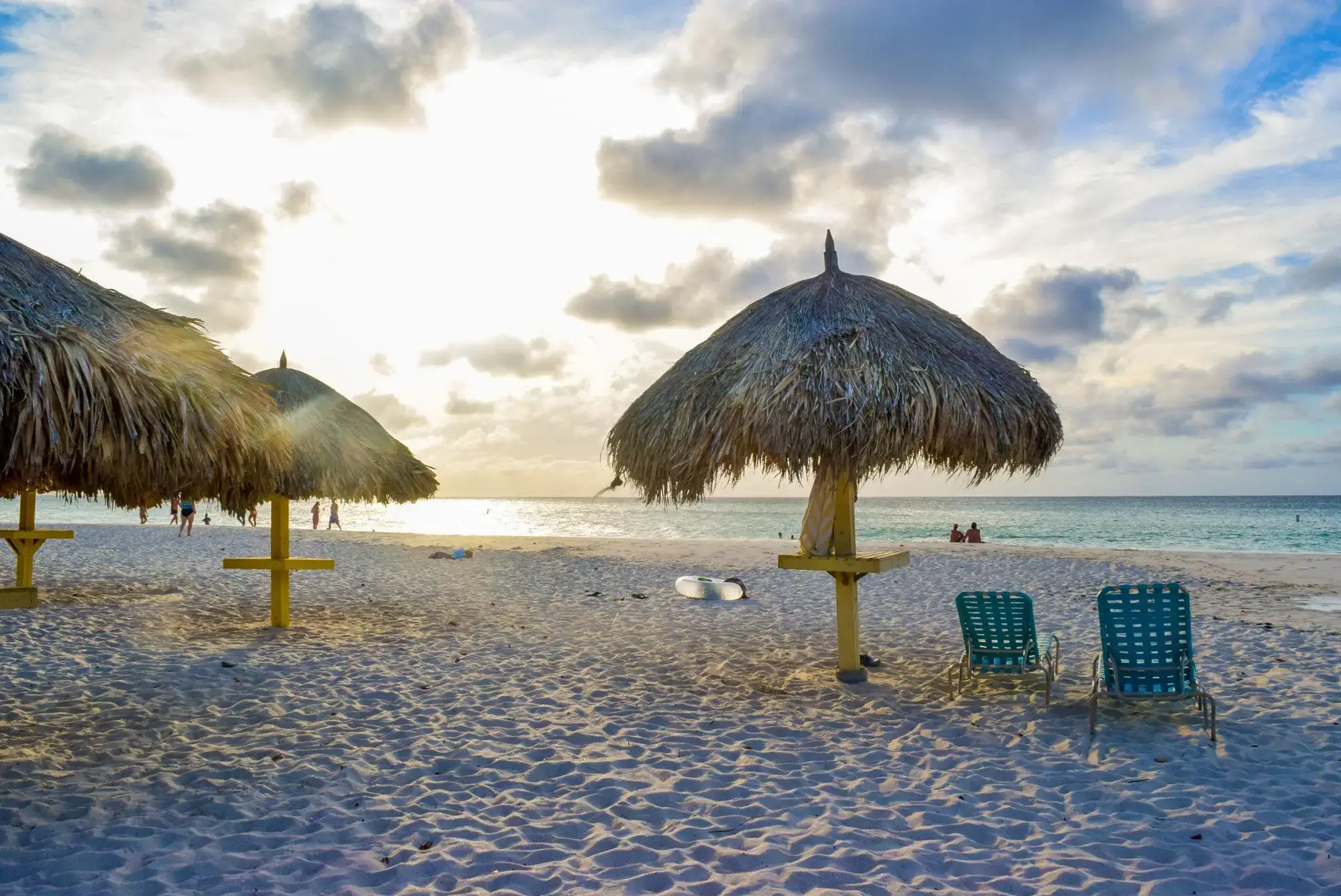 Relaxing under palapas on Eagle Beach, Aruba.
