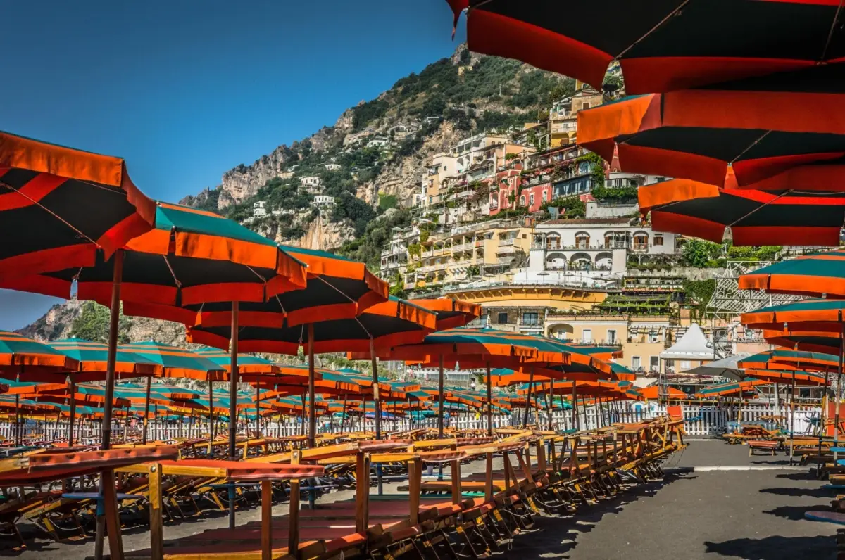 Spiaggia Grande beach in Positano, located on Italy's Amalfi Coast.