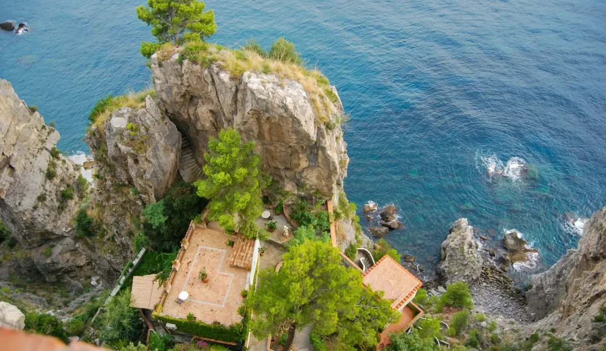 The Grand Hotel Tritone in Praiano, Italy, features a staircase built directly into the dramatic cliffside overlooking the Amalfi Coast.