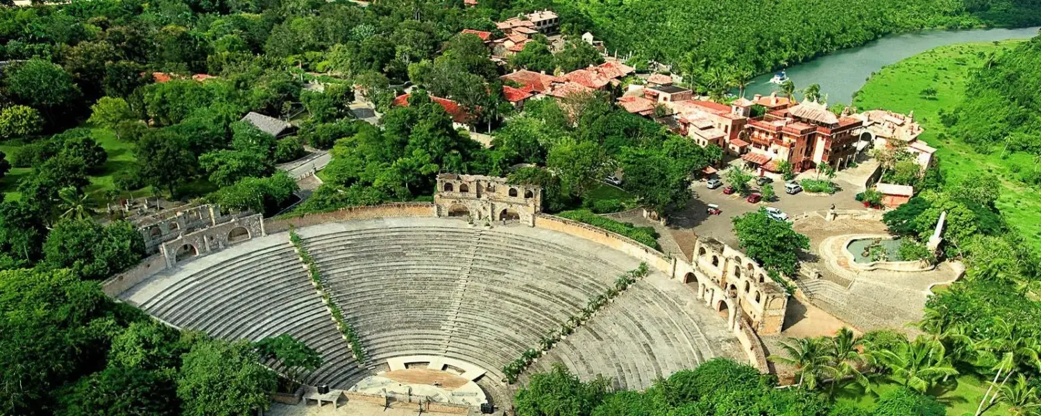 Aerial view of the stone Altos de Chavon Amphitheater and Mediterranean village next to the Chavon River in La Romana, Dominican Republic.