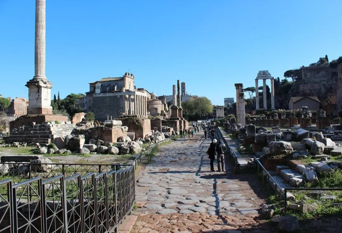 Located between the Colosseum and Palatine Hill, the Roman Forum was once filled with grand temples, government buildings, triumphal arches, marketplaces, and gathering spaces.