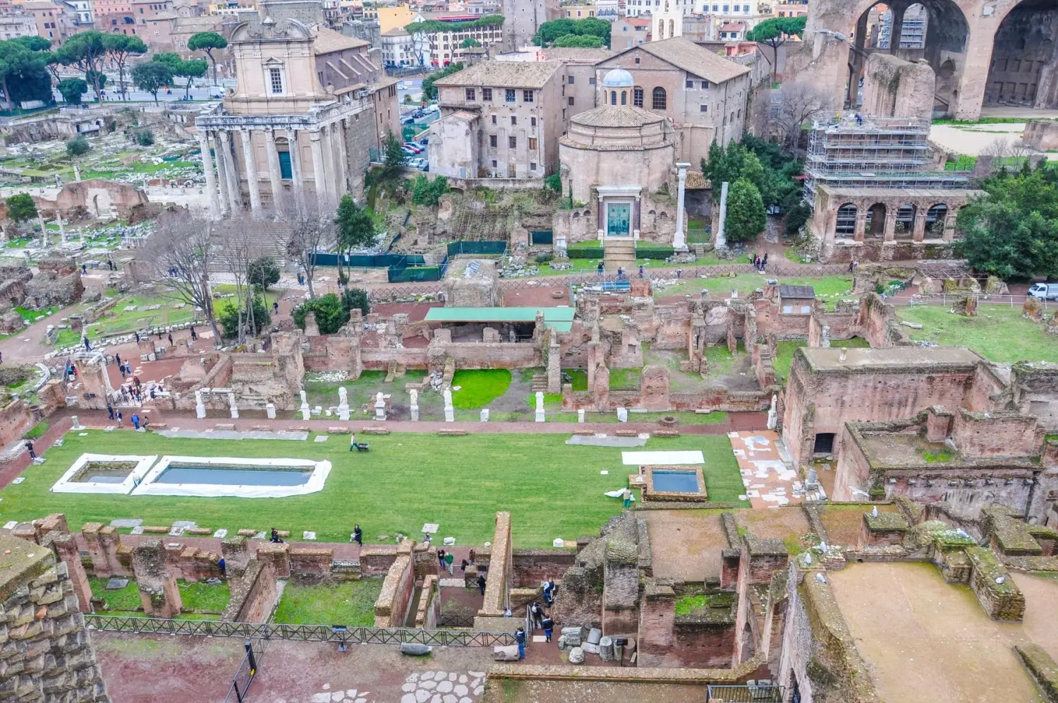 High angle view of the House of the Vestals and Roman Forum ruins in Rome, Italy, taken from Palatine Hill.