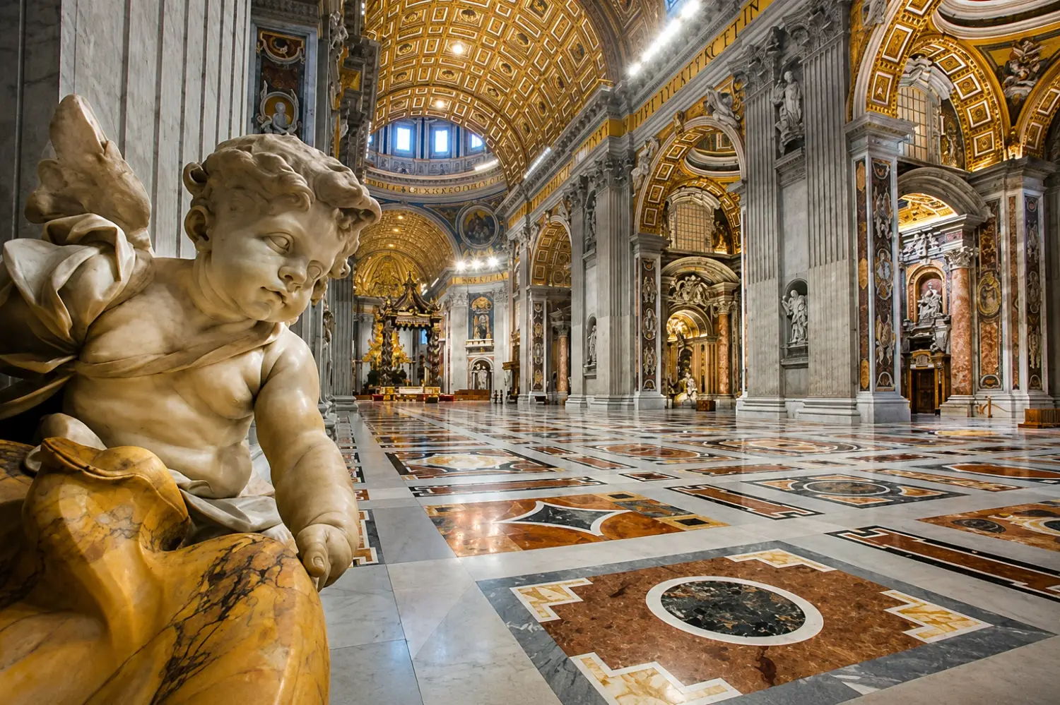 St Peter's Basilica Rome interior view showing the historic marble flooring, golden coffered ceilings, and Baroque sculptures.