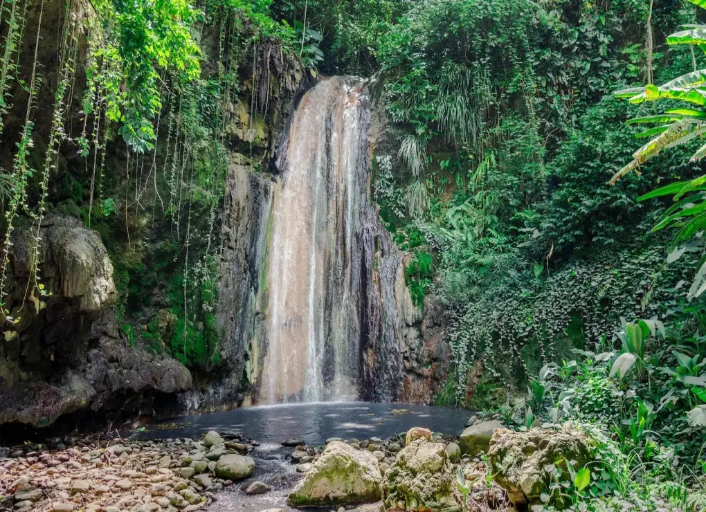 Diamond Waterfall cascading over mineral-stained rocks in St. Lucia's botanical gardens