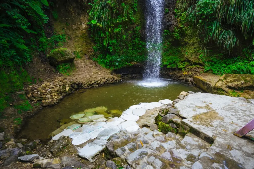 Toraille Waterfall cascading over a rocky cliff into a natural plunge pool surrounded by dense green tropical plants and a stone pathway.