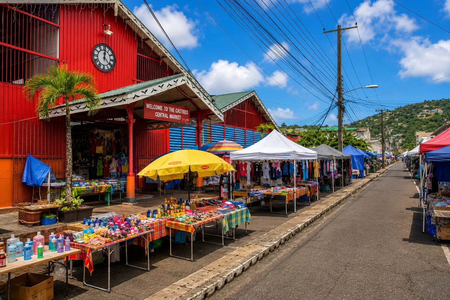 Outdoor market stalls with colorful souvenirs and yellow umbrellas lined along the historic red Castries Central Market building in Saint Lucia.