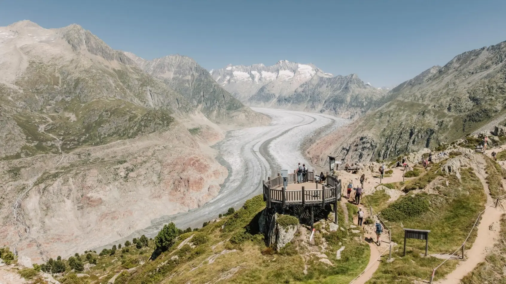 Hikers gathered on the wooden Moosfluh viewpoint platform overlooking the winding Great Aletsch Glacier surrounded by alpine mountain peaks in Switzerland.