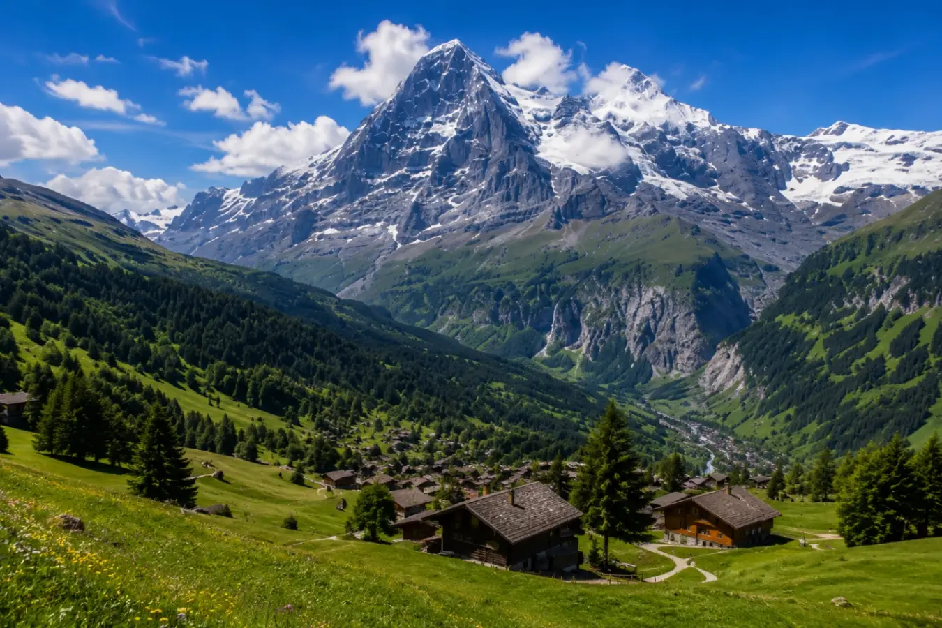Green alpine meadows and traditional wooden chalets in Grindelwald with the massive, rocky Eiger peak rising in the background.