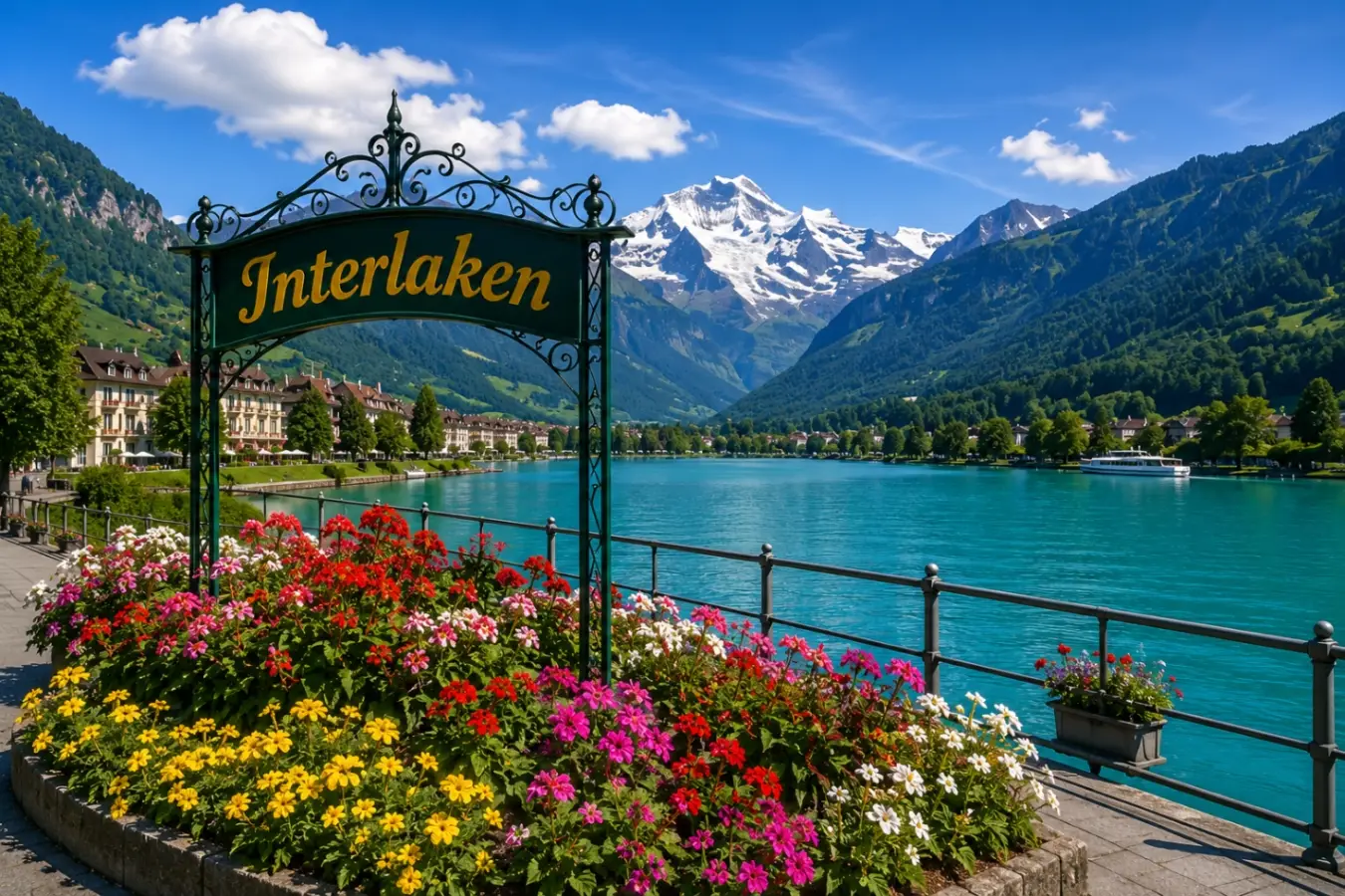 Interlaken waterfront promenade in Switzerland featuring colorful flowers, a turquoise river, and snow-capped mountains.