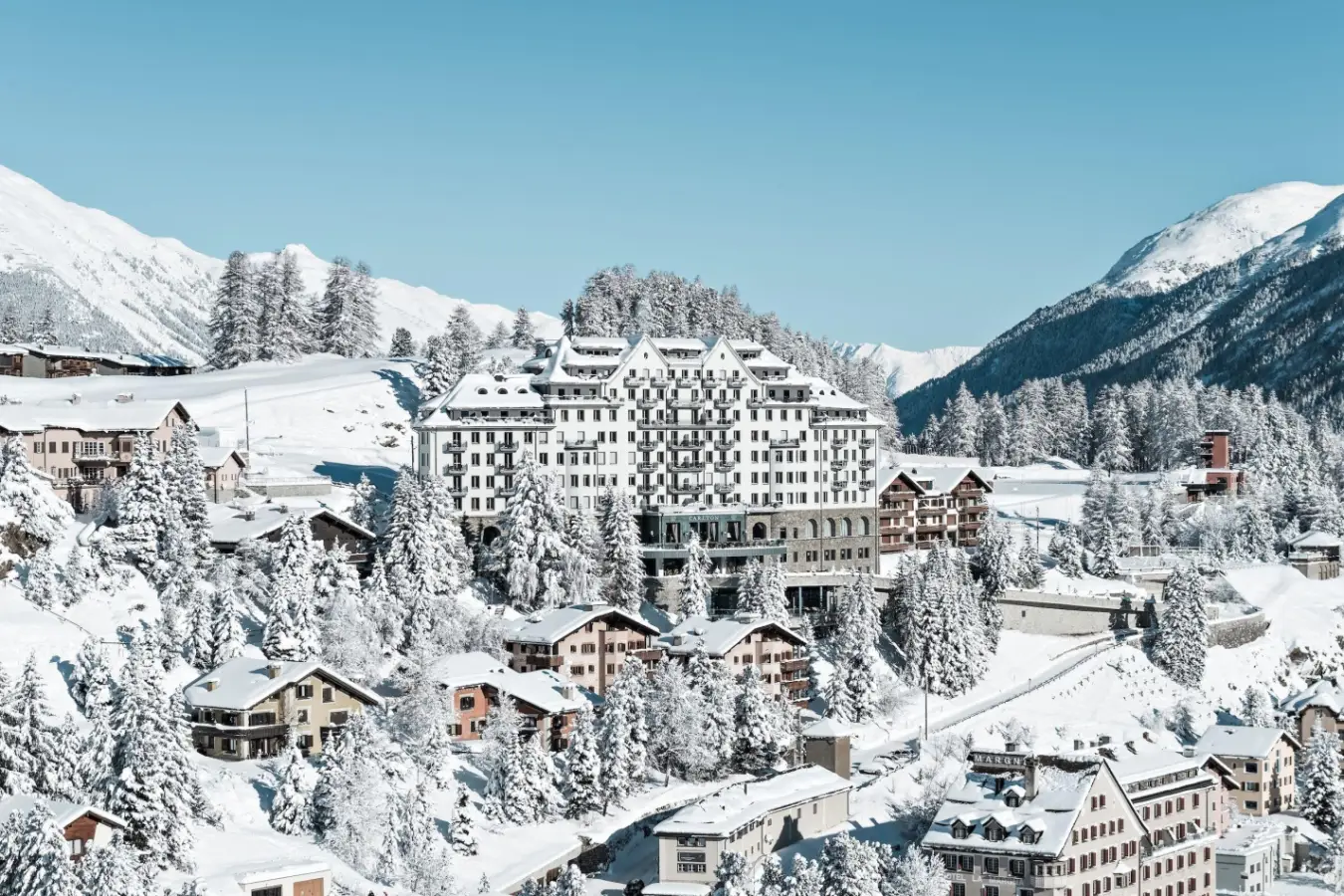 Winter view of Carlton Hotel St Moritz Switzerland.