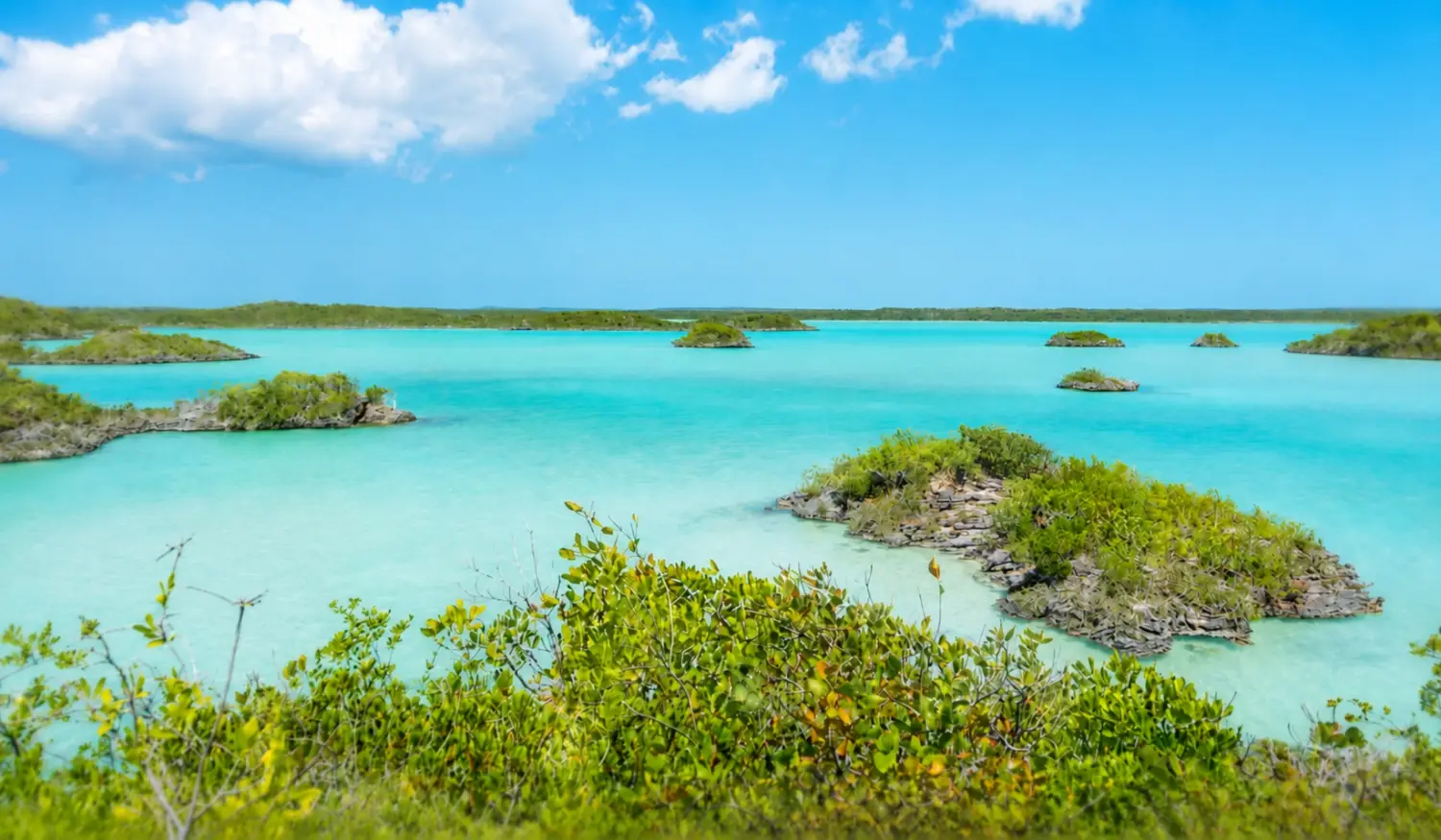 The turquoise waters and small limestone cays of Chalk Sound National Park in Providenciales, Turks and Caicos.