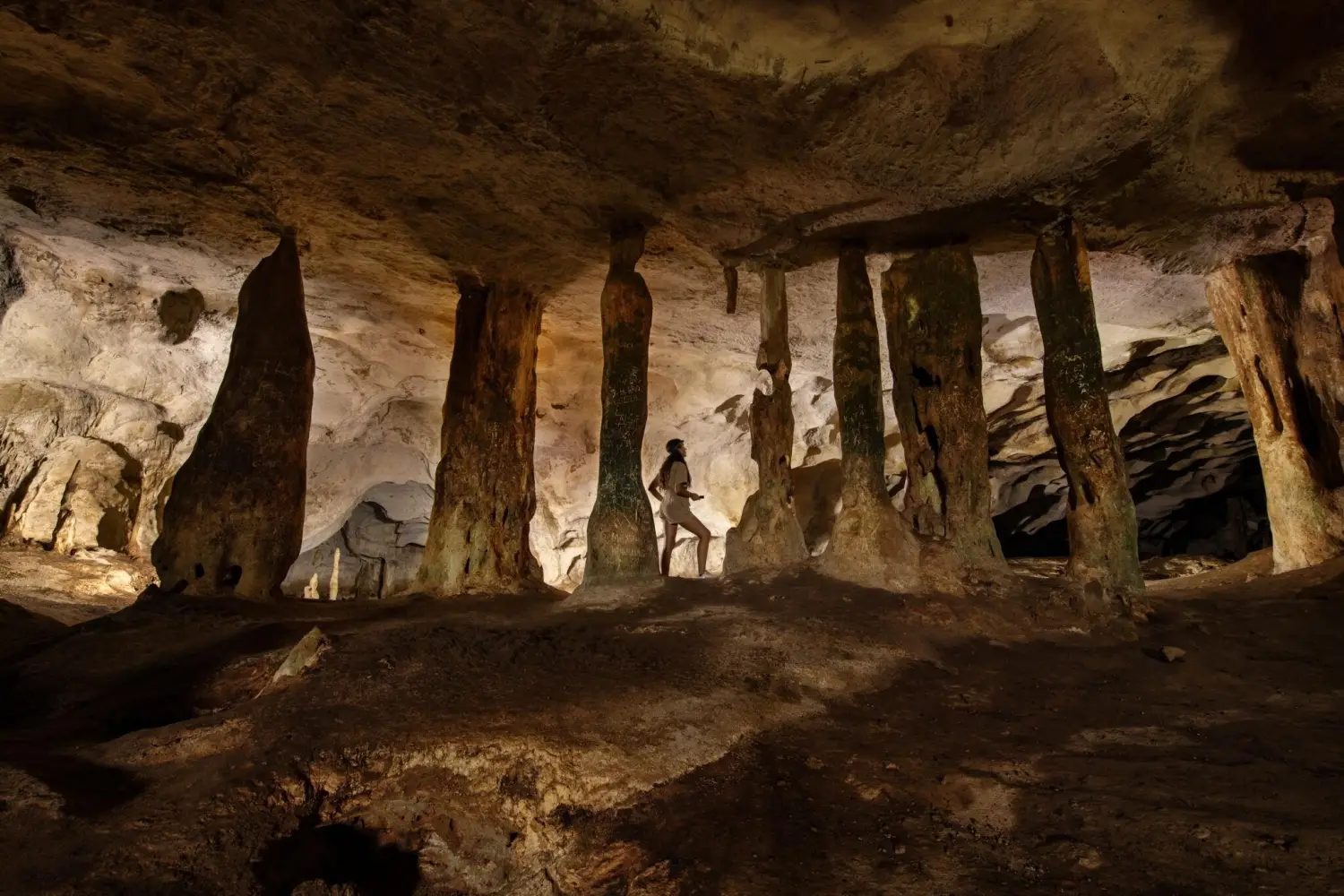 A traveler stands among massive limestone columns inside Conch Bar Caves in Middle Caicos, Turks and Caicos.
