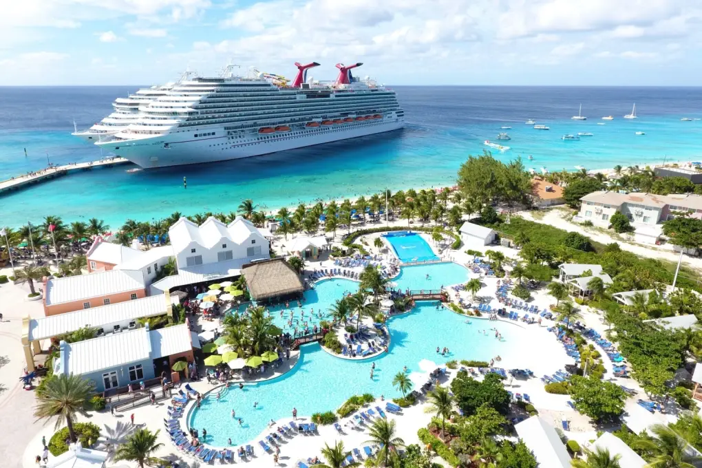 Aerial view of a cruise ship docked at the Grand Turk Cruise Center in Turks and Caicos.