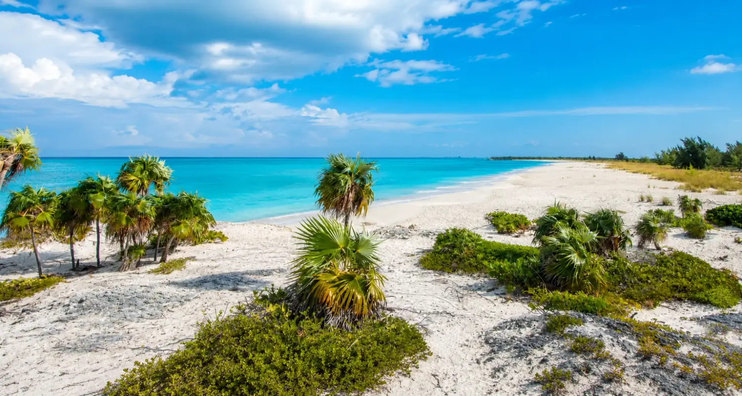 Pristine white sand beach and turquoise water at Half Moon Bay in Turks and Caicos.