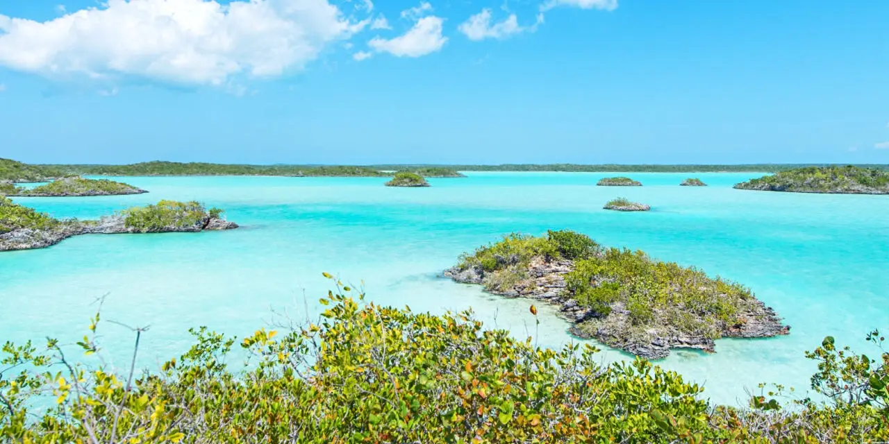 Panoramic view of the turquoise lagoon and rocky islands at Chalk Sound National Park in Providenciales, Turks and Caicos.
