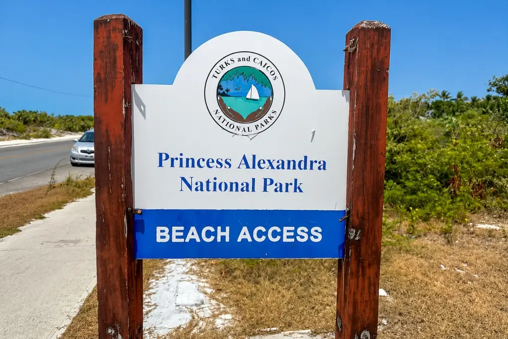 This public beach access sign points the way to the protected waters of Princess Alexandra National Park in Turks and Caicos.